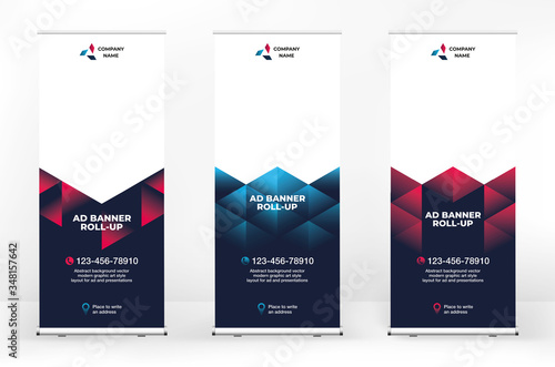 Set of roll-up banner designs with abstract geometric background, vector