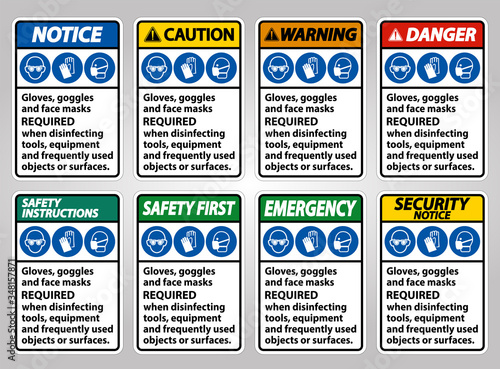 Gloves, Goggles, And Face Masks Required Sign On White Background,Vector Illustration EPS.10