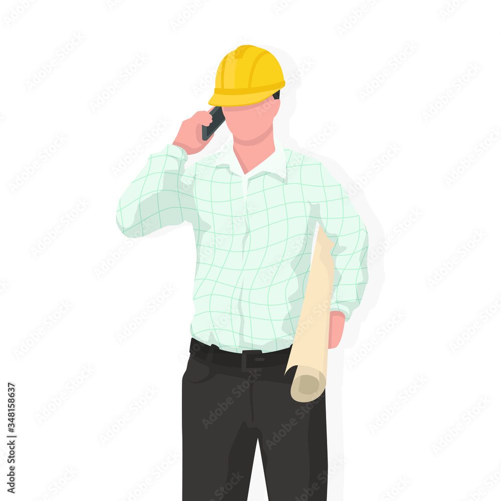 Engineer in modern style vector illustration, business person simple flat shadow isolated on white background.