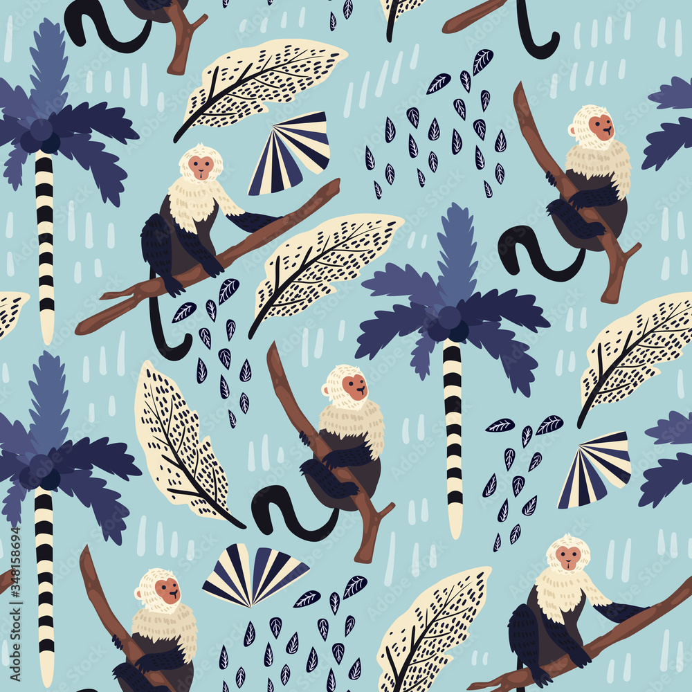 Tropical leaves seamless pattern with monkey. Summer vector background