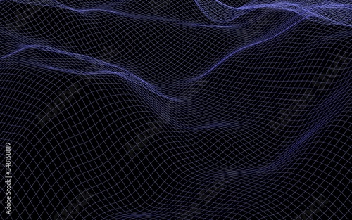 Abstract landscape on a dark background. Cyberspace navy blue grid. hi tech network. 3D illustration