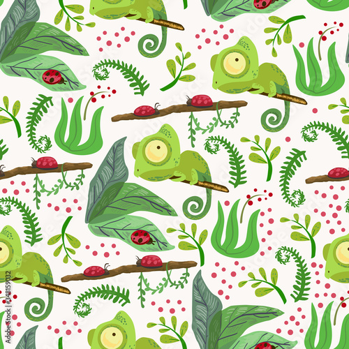 Seamless pattern with chameleon. Forest pattern vector background