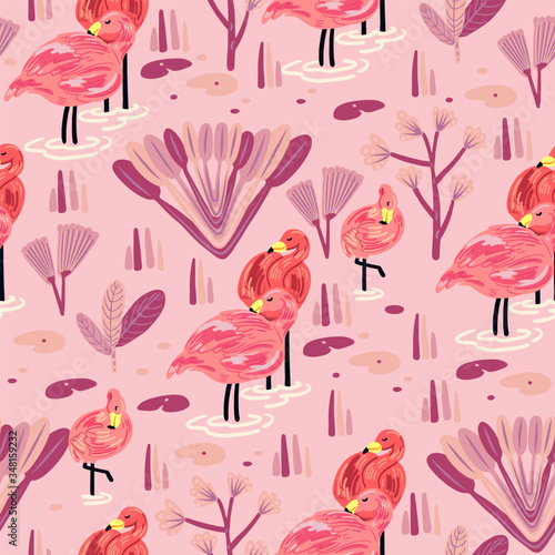 Seamless pattern with flamingo. Forest pattern vector background