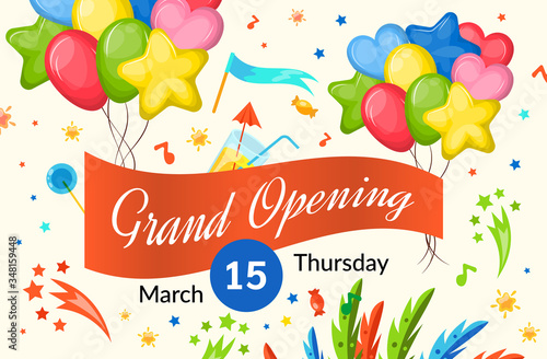 Grand opening label typography memphis graphic design. Grand opening invitation, placard banners template. Layout for sale, advertising, banner, promo poster,