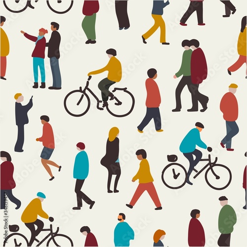 Seamless pattern various people at park performing leisure outdoor activities. Cartoon colorful vector illustration.