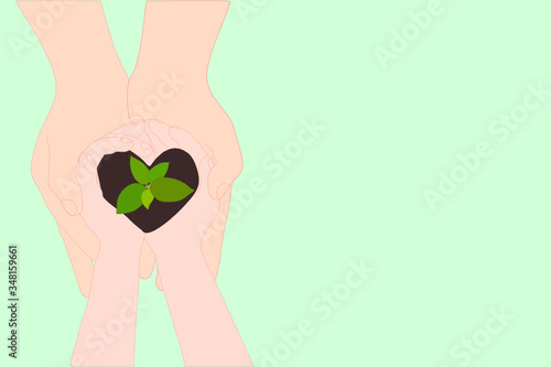 Ecology concept adult and kid hands holding plant a tree sapling with on ground. world environment day, Earth Day, Natured, holiday, save the world concept.