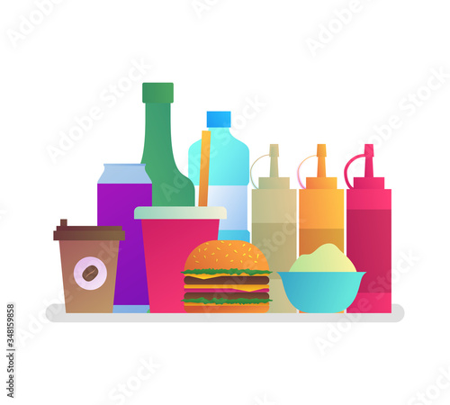 Fast food cafe menu ingredients in flat style. Burger  coffee and soda drink in paper cup  water  mayonnaise  ketchup and mustard composition. Street food and take away fast food vector illustration.