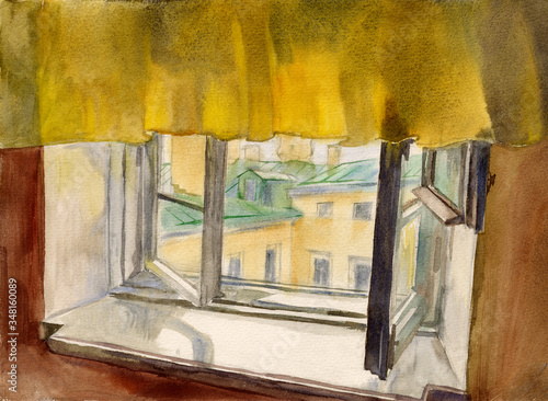 Tablou pe pânză Watercolor sketch: view of the city outside the window
