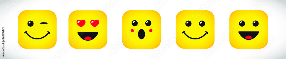 Set of square yellow emoji face with wink, love, surprised, smile and happy emoticon. Creative vector illustration expression signs for internet messenger or chat Set of square yellow emoji face with wink, love, surprised, smile and happy emoticon. Creative vector illustration expression signs for internet messenger or chat