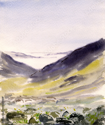 Watercolor sketch: View of Lake Imandra from the pass Yumekorr photo