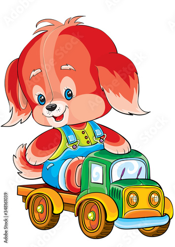 dog toy ride on a toy car, isolated object on a white background, vector illustration,