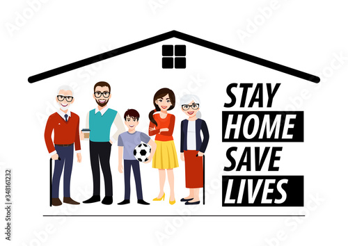 Cartoon character with stay home banner template. Family standing in home. Quarantine or self-isolation. Health care concept. Fears of getting corona virus. Trendy flat icon vector