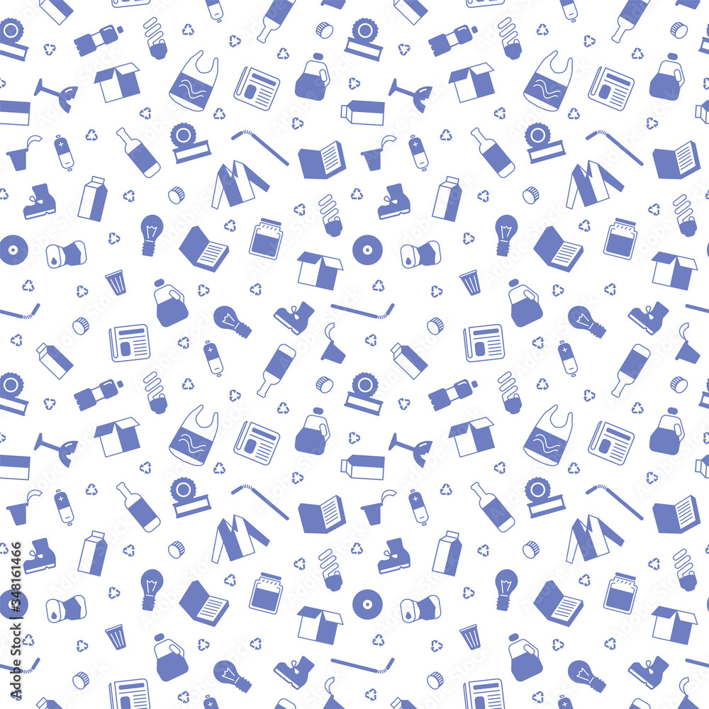 Vector image of a pattern, wallpaper. A pattern of items that can be recycled. Color images - plastic, paper, glass, aluminum, rags, batteries, light bulbs. Vector image of a pattern, wallpaper. A pattern of items that can be recycled. Color images - plastic, paper, glass, aluminum, rags, batteries, light bulbs.