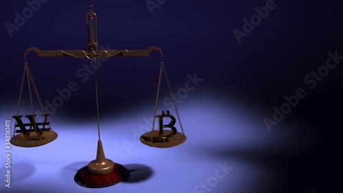 Photography Symbols of Korean Won and Bitcoin on the scales on the bowls of balance weights on a blue background