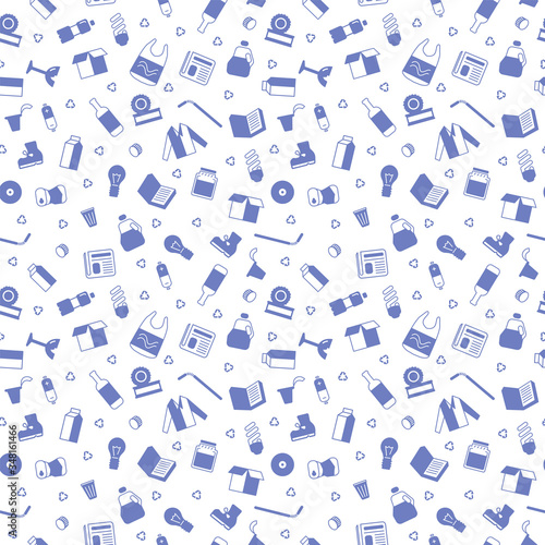 Vector image of a pattern, wallpaper. A pattern of items that can be recycled. Color images - plastic, paper, glass, aluminum, rags, batteries, light bulbs.