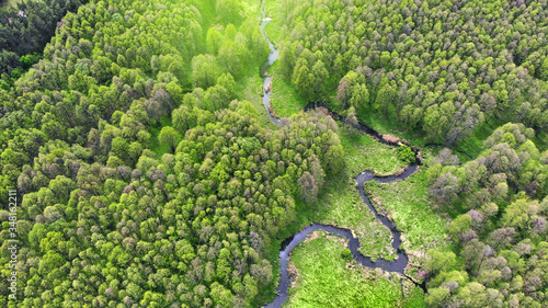 Aerial. Meandering river in the forest. View above from drone. Beautiful spring nature.