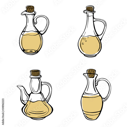 A hand-drawn set of olive oil bottles isolated on a white background. Olive pitchers. Extra virgin oil. Vintage style. Vector illustration in Doodle style