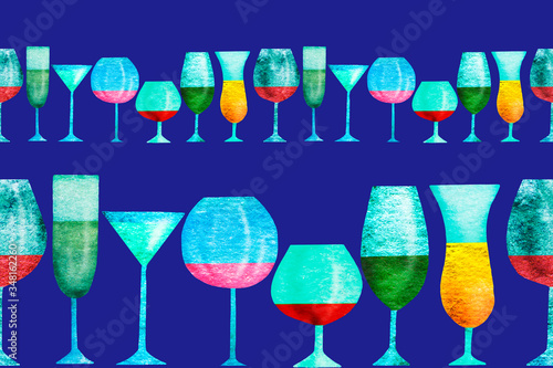 Seamless ribbon border with stylized silhouettes of colored wine glasses. Watercolor.