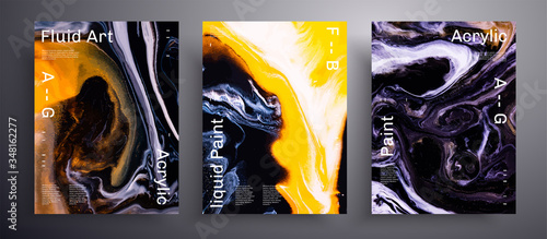 Abstract vector poster, set of modern design fluid art covers. Trendy background that can be used for design cover, poster, brochure and etc. Yellow, orange and black creative iridescent artwork