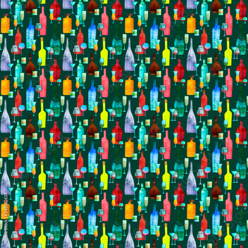 Seamless pattern with stylized silhouettes of colored bottles of alcohol. Watercolor.