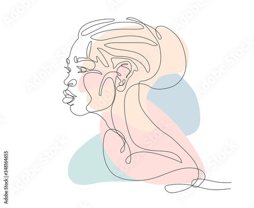 head of cute beautiful asian girl with abstract pastel color spots  for logo  posters  cards  vector illustration with black contour lines isolated on white background in one line drawing style