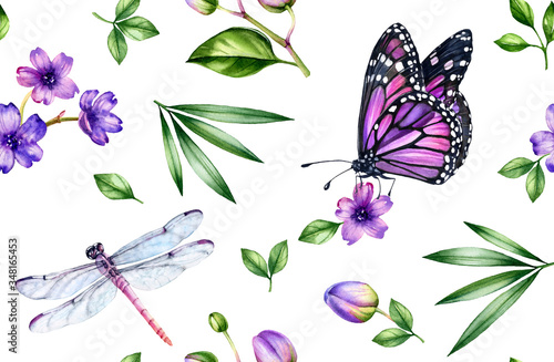 Wallpaper Mural Watercolor tropical seamless pattern. Purple orchid flowers and palm leaves, butterflies, dragonflies on white. Botanical hand drawn floral background for surface, textile, wallpaper design Torontodigital.ca