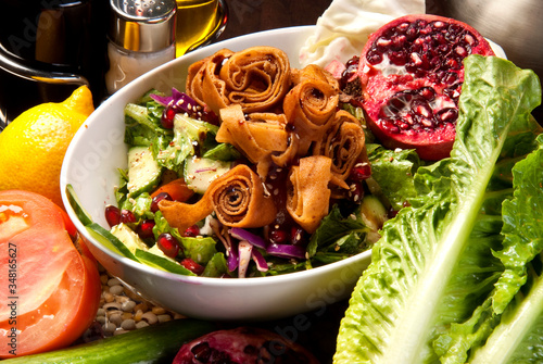 Plate of traditional Arabic salad fatysh. photo