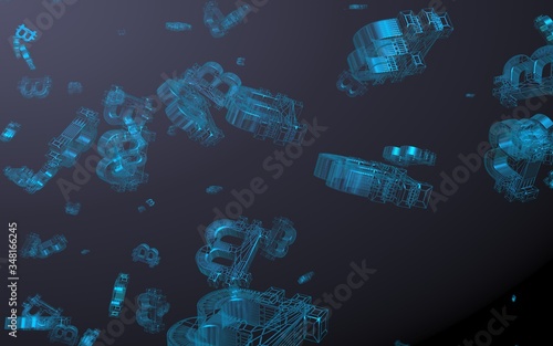Fototapeta Naklejka Na Ścianę i Meble -  Digital currency symbol Bitcoin on a dark background. Fall of bitcoin. crypto currency graph on virtual screen. Business, Finance and technology concept. 3D illustration