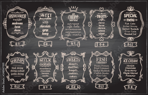 Chalk menu set with antique frames on a blackboard - pancakes, coffee menu, toasts, etc.