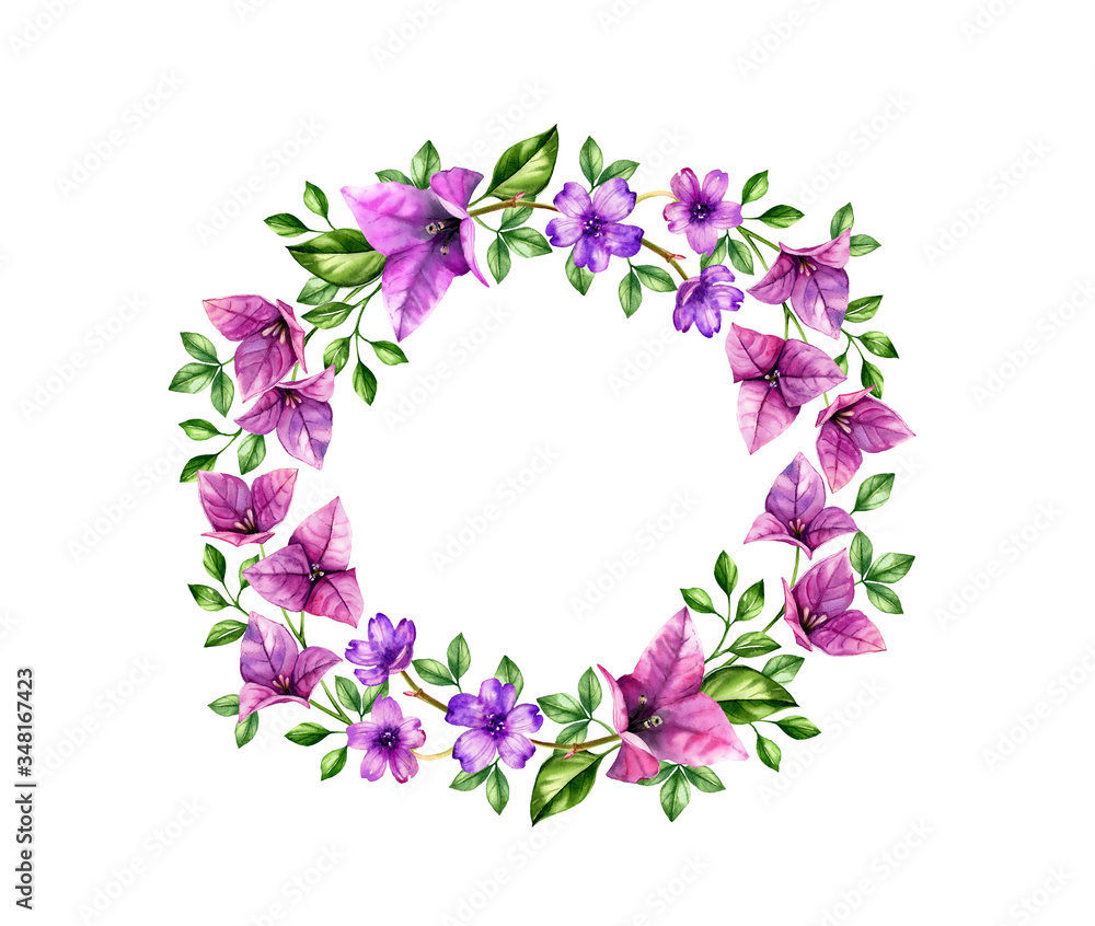 Watercolor wreath with violet bougainvillea flowers. Hand painted tropical background for text, logo, wedding cards. Botanical illustrations isolated on white