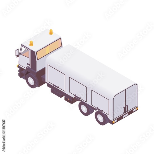 Isometric aircraft loading truck. Catering and cabin cleaning trucks.