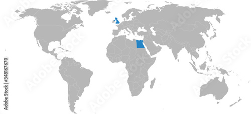 United kingdom, Egypt countries isolated on world map. Light gray background. Business concepts, diplomatic, trade and transport relations.