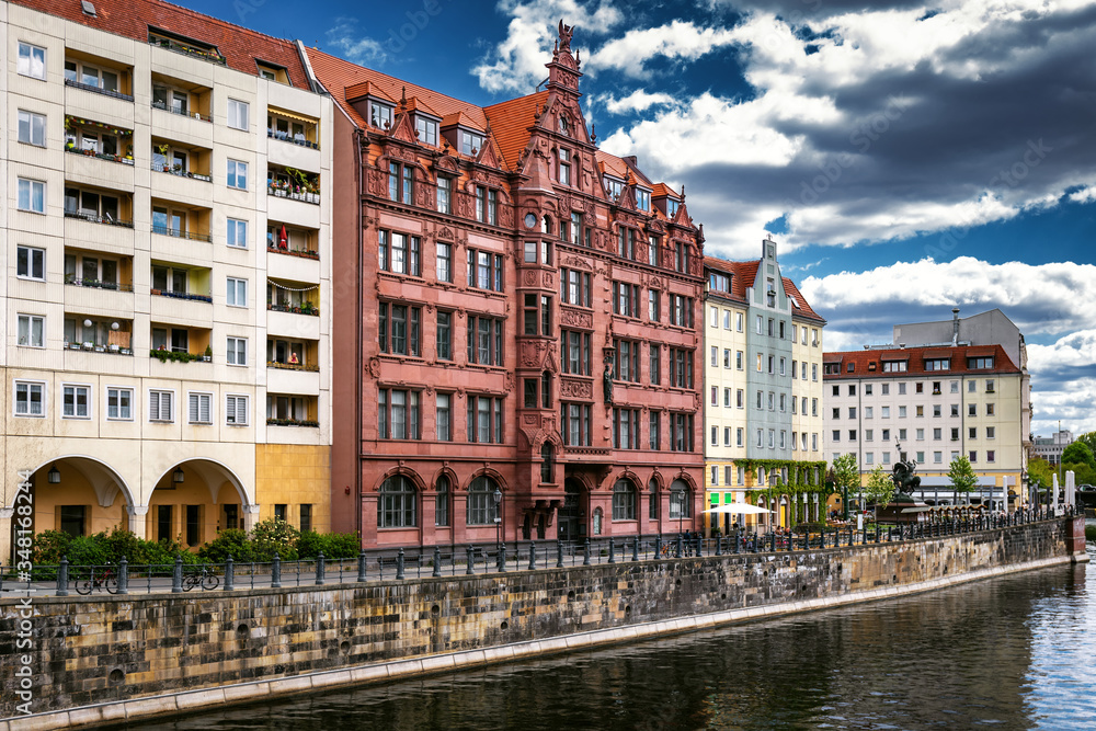 View of Nikolaiviertel from the Spree river in Berlin, Germany