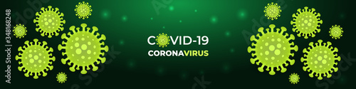 Coronavirus infection dark green medical banner. Dark vector background corona virus cell. COVID-19 pandemic medical banner. Abstract vector illustration.