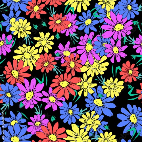 Flowers background print for textile. The drawn flowers beautiful illustration for the fabric. Design ornament pattern seamless. Vector