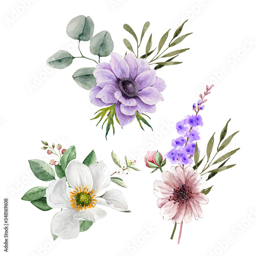 set of bouquets with pink, lilac and white flowers, watercolor illustration on a white background © Lana