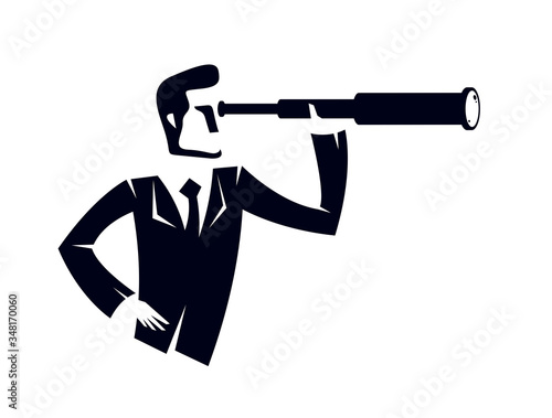 Businessman looking for opportunities in spyglass business concept vector illustration, young handsome business man searches new perspectives.