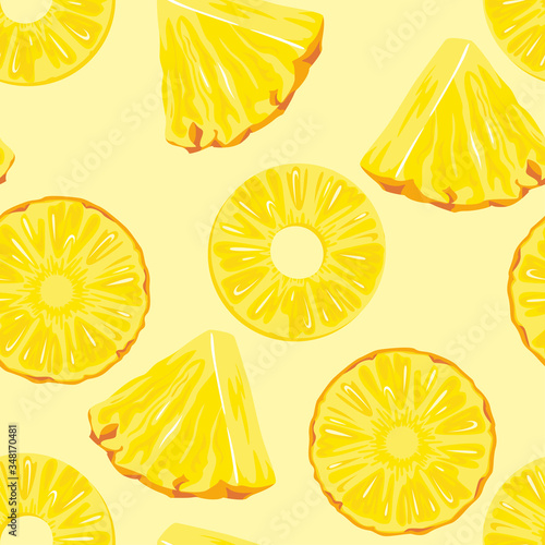 Pineapple slices on yellow background. Seamless pattern with pieces of tropical fruit. Vector food illustration in cartoon flat style. Pineapple rings.
