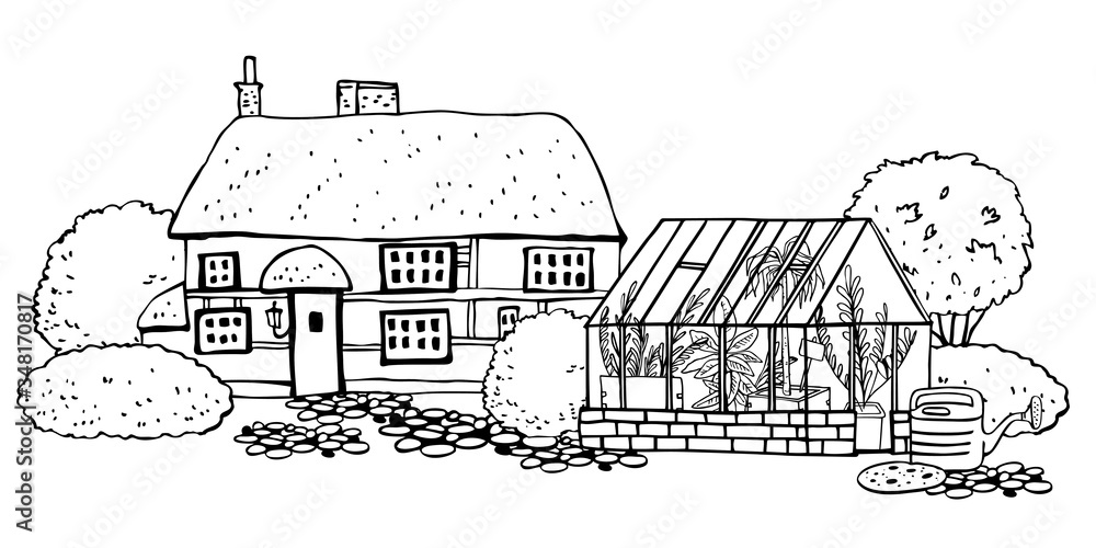 Landscape with old village house, greenhouse and garden. Hand drawn outline vector sketch illustration
