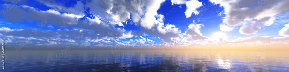 beautiful sky panorama over the sea, seascape with beautiful clouds, 3D rendering