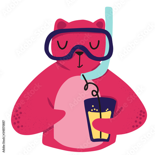 Cute hand drawn illustration with a swimming cat. Cat in diving mask. illustration can be used for postcards, fabric printing, poster.