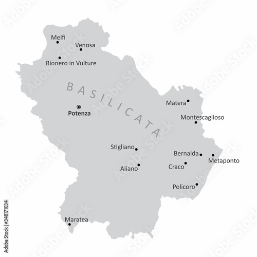 The map of the italian region of Basilicata with some cities isolated on white background