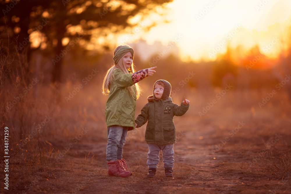 Fototapeta premium a walk at the children's brother and sister at sunset