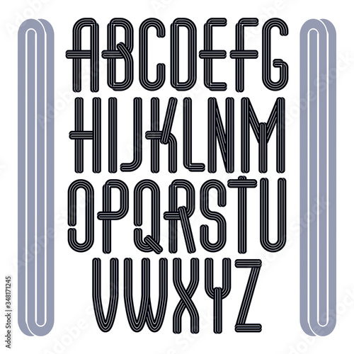 Vector funky tall capital alphabet letters collection with parallel stripes, can be used in poster creation for discotheque of 70s and 80s