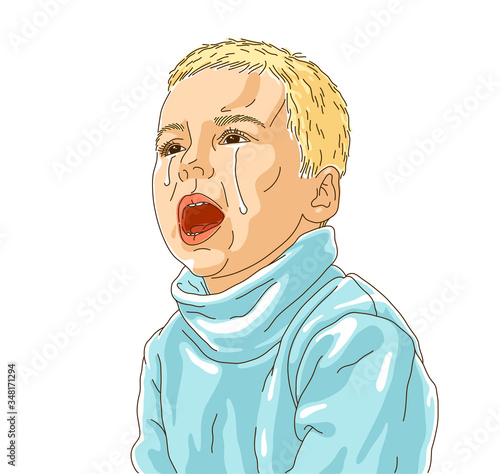 Crying little boy kid unhappy and emotional in tantrum vector illustration, cute child is crying with tears.