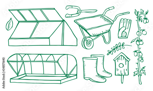 Set with two greenhouses, gardening tools and plants. Hand drawn vector sketch illustration