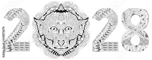 Zentangle stylized monkey number 2028. Hand Drawn lace vector illustration for coloring