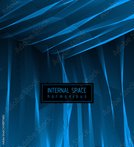 Abstract linear textured vector art background for design, psycho hypnotic futuristic 3d space inside the box or room. Fantastic psychedelic trendy modern op art, optical dimensional illusion.
