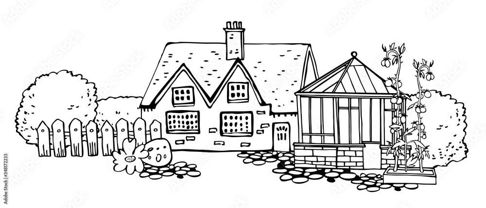 Composition with old village house, greenhouse and garden. Hand drawn outline vector sketch illustration