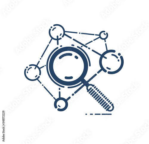Magnifying glass and molecule vector simple linear icon, science chemistry and physics line art symbol, research biotechnology and biology.